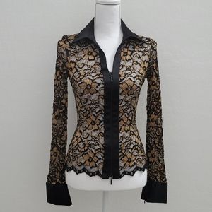 Cache Zipper Front Lace Blouse